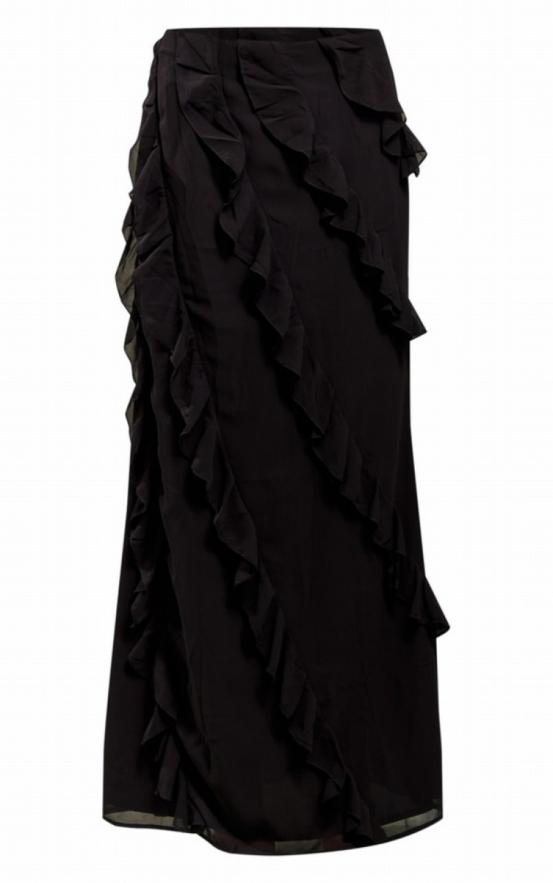 Black Pretty Little Thing Chiffon Ruffle Detail Maxi Skirts | JTHGAVF-56