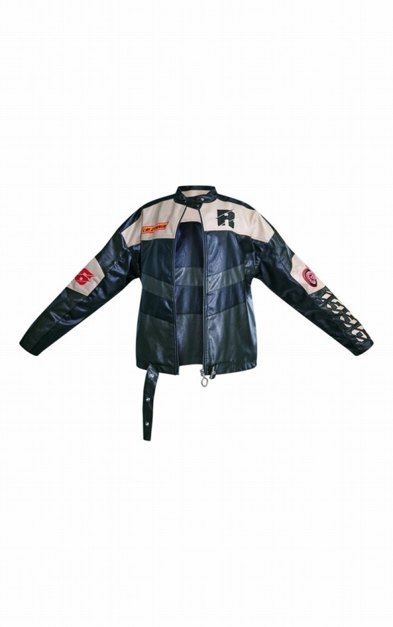 Black Pretty Little Thing Contrast Panel Oversized Faux Leather Motocross Jackets | SXTLOHA-43