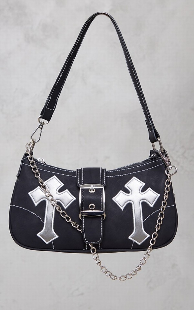 Black Pretty Little Thing Contrast Stitch Cross Applique Buckle Shoulder Bags | SWMVPOU-47