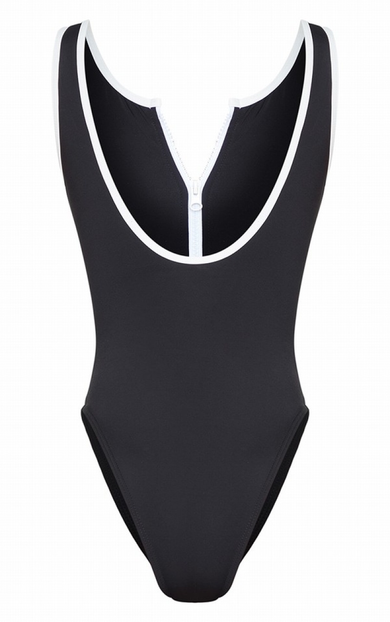 Black Pretty Little Thing Contrast Zip Front Scuba Swimsuits | PTSBNOC-96