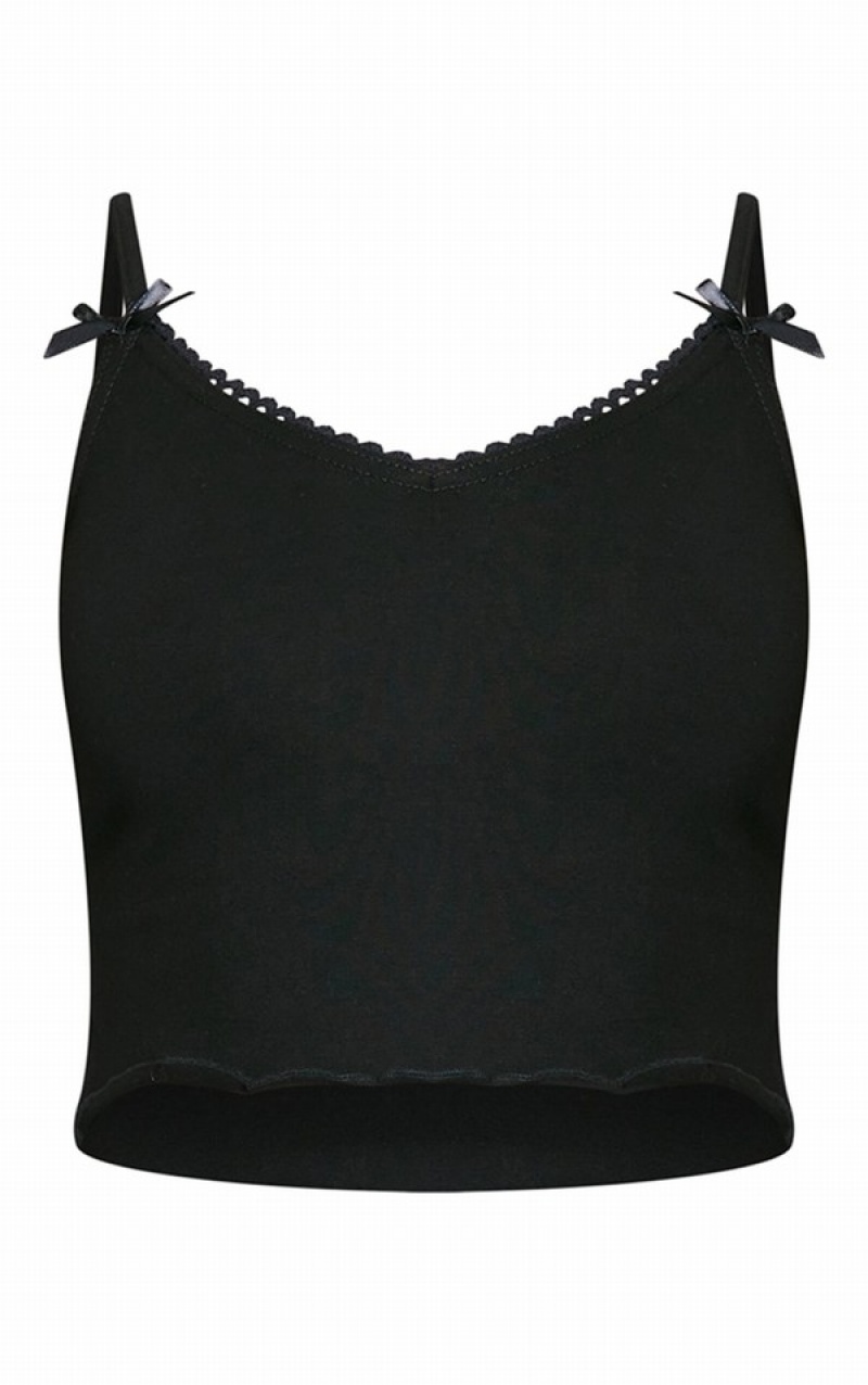 Black Pretty Little Thing Cotton Lace Trim Cami Tanks | CDQOBAZ-14