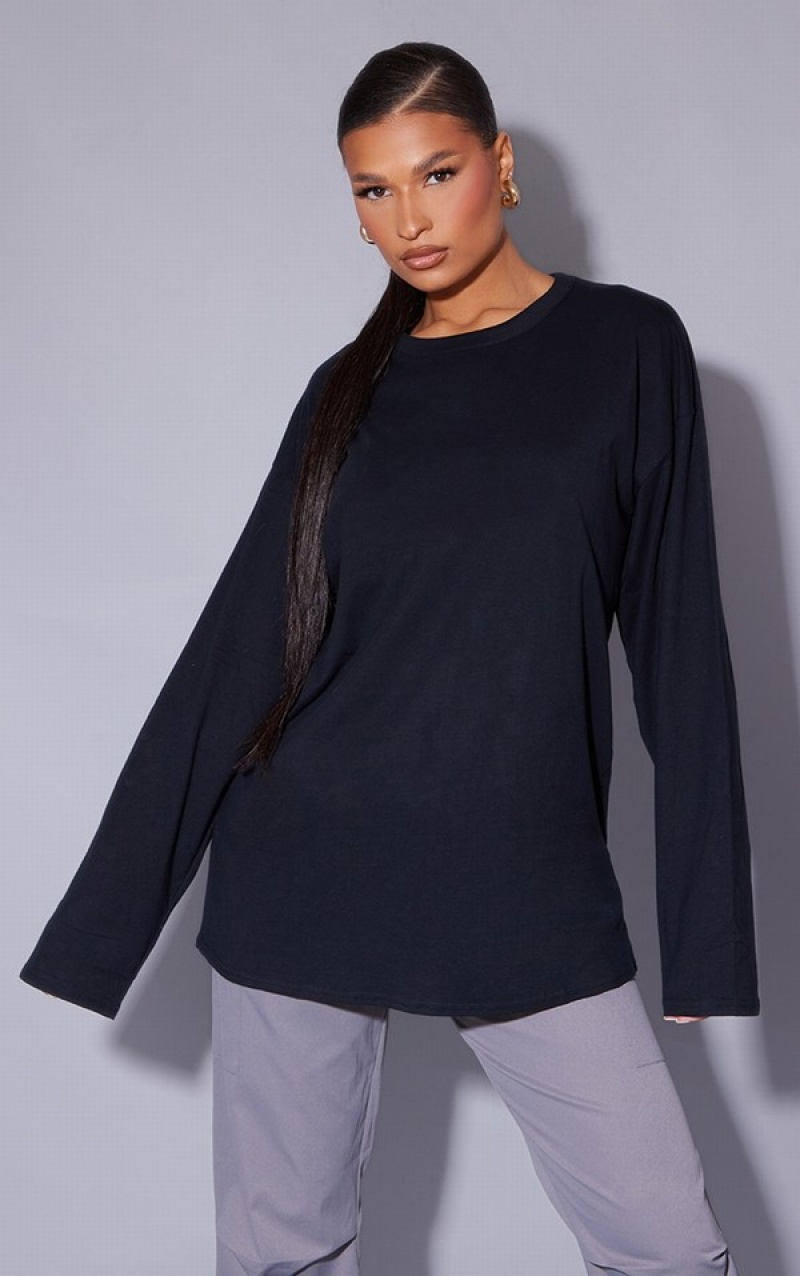 Black Pretty Little Thing Cotton Oversized Long Sleeve T-shirts | GCIVOPD-48