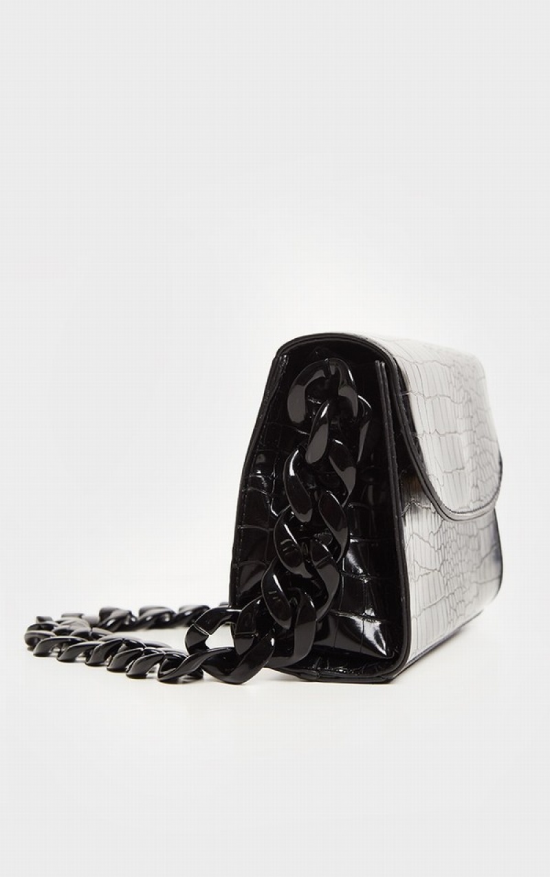 Black Pretty Little Thing Croc Chunky Chain Shoulder Bags | OLCNUBF-79