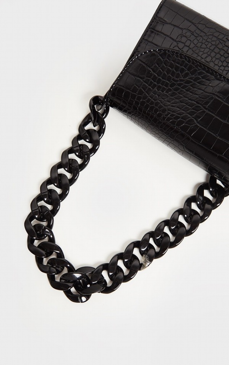 Black Pretty Little Thing Croc Chunky Chain Shoulder Bags | OLCNUBF-79