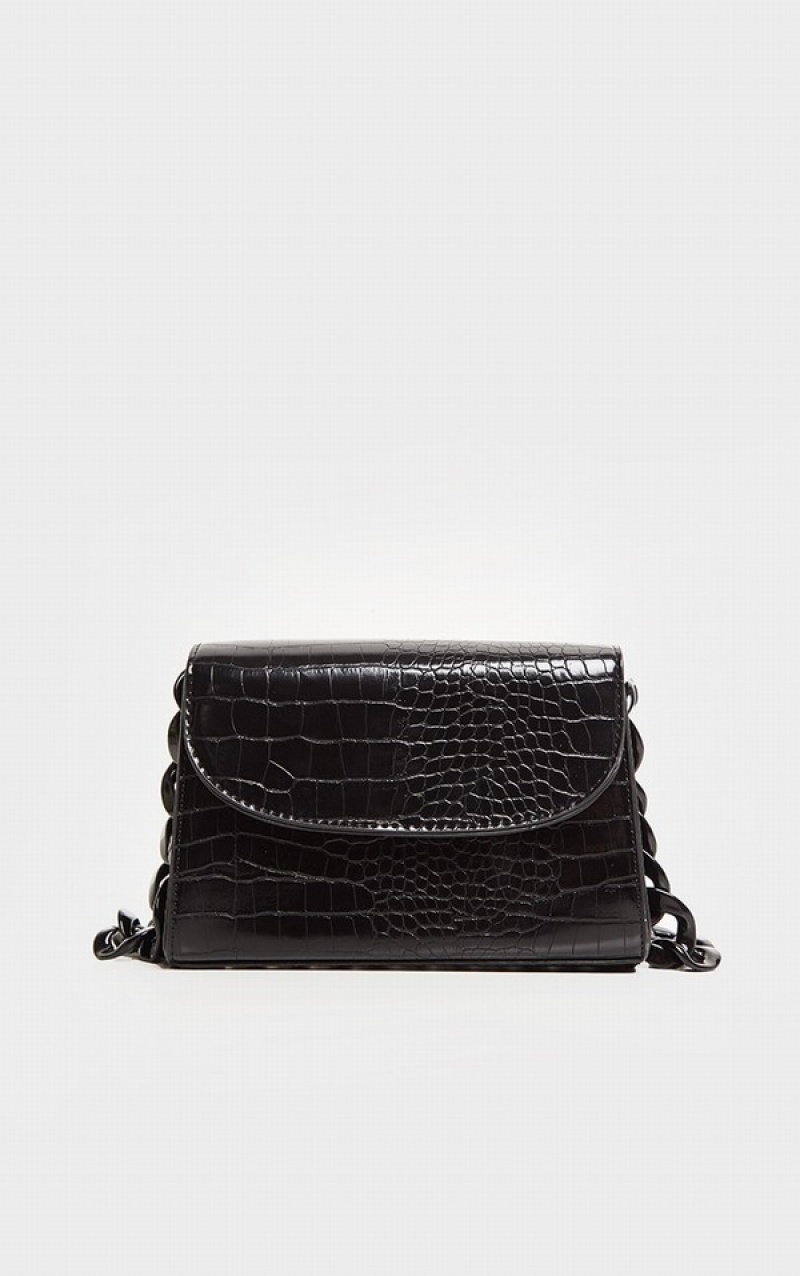 Black Pretty Little Thing Croc Chunky Chain Shoulder Bags | OLCNUBF-79