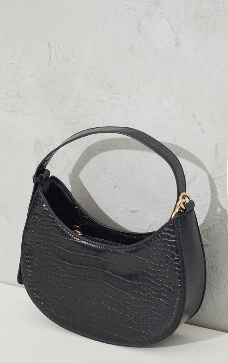 Black Pretty Little Thing Croc Crescent Mixed Chain Strap Shoulder Bags | DACTZIQ-14