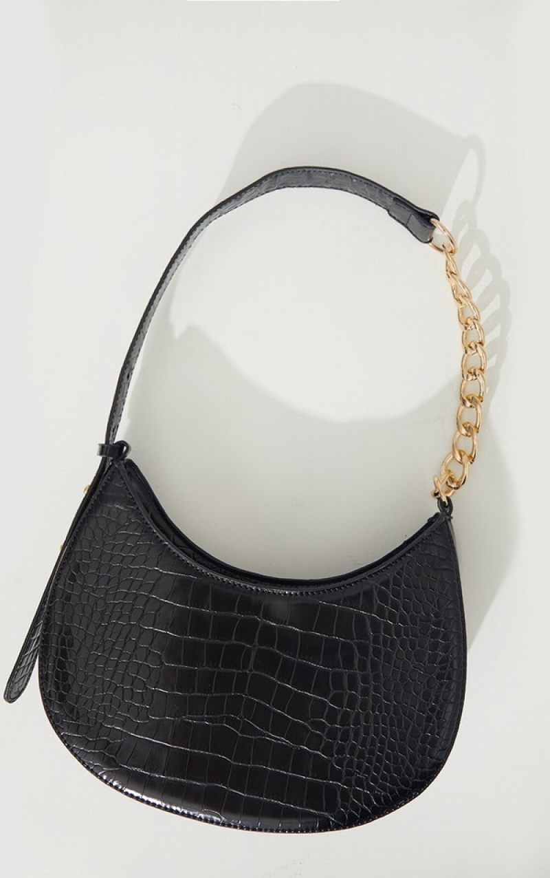 Black Pretty Little Thing Croc Crescent Mixed Chain Strap Shoulder Bags | DACTZIQ-14