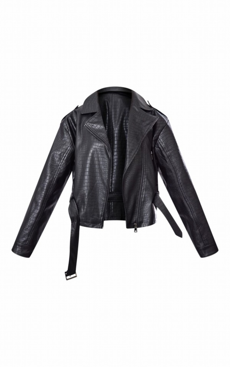 Black Pretty Little Thing Croc Embossed Oversized ed Hem Biker Jackets | NRYDTLZ-46