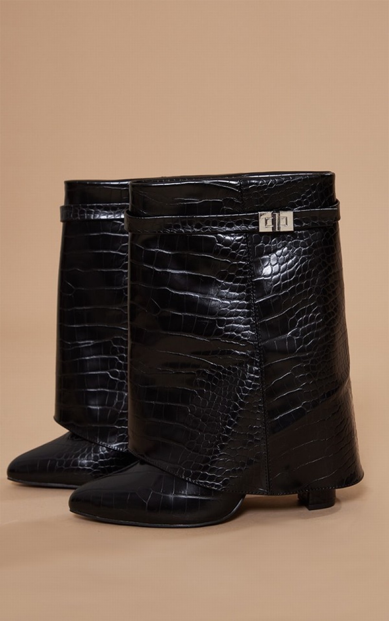 Black Pretty Little Thing Croc PU Point Toe Fold Over Wide Fit Block Heels | NXHOWQI-96