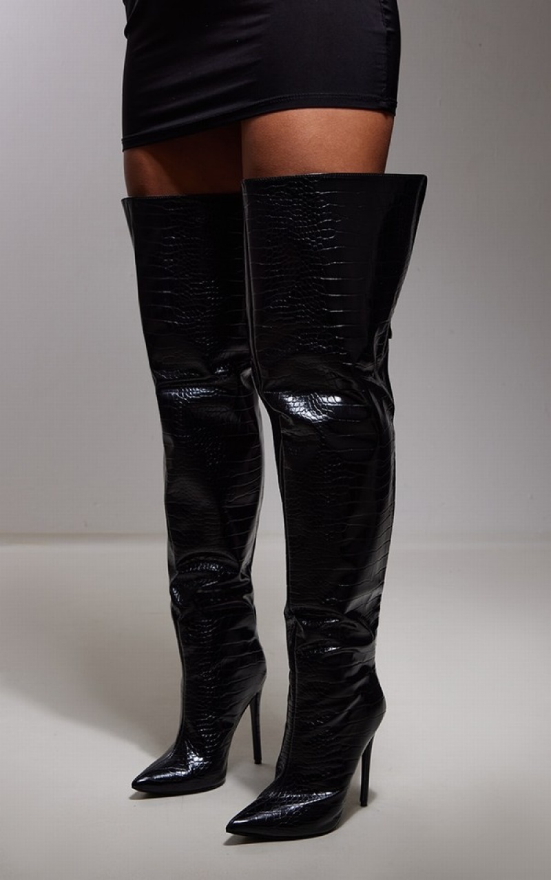 Black Pretty Little Thing Croc PU Pointed High Over The Knee Heels | MHYWTRC-26