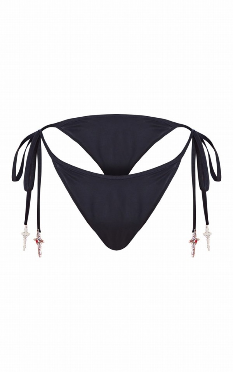 Black Pretty Little Thing Cross Trim Tie Side Bikini Bottoms | ZICJAYL-92