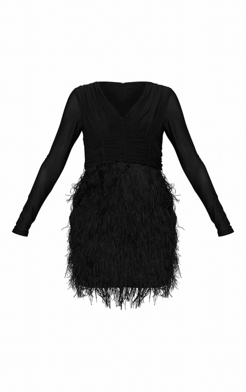 Black Pretty Little Thing Cup Detail Faux Feather Bodycon Dresses | TSQPEXK-63