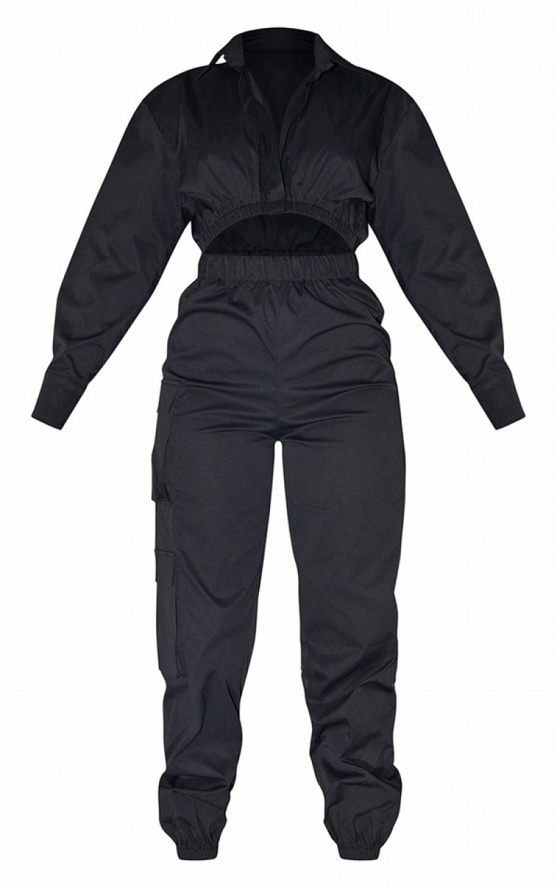 Black Pretty Little Thing Cut Out Long Sleeve Utility Cargo Jumpsuits | DWEUAPI-68