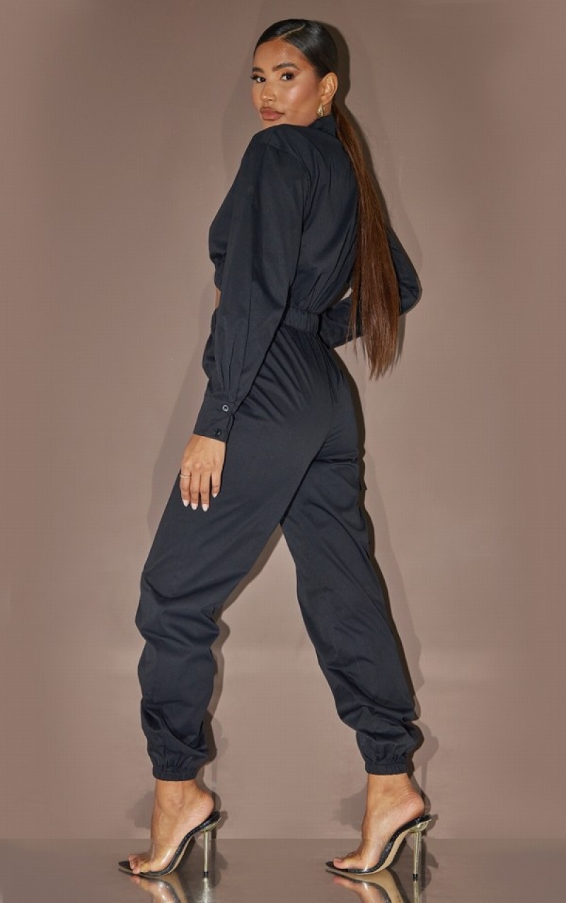 Black Pretty Little Thing Cut Out Long Sleeve Utility Cargo Jumpsuits | DWEUAPI-68