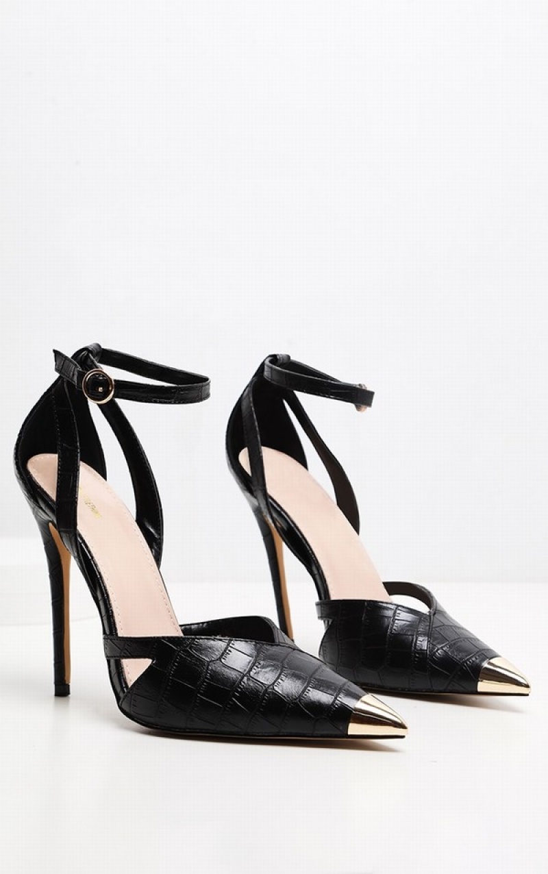 Black Pretty Little Thing Cut Out Metal Toe Court Shoe Heels | LDQTIVO-89