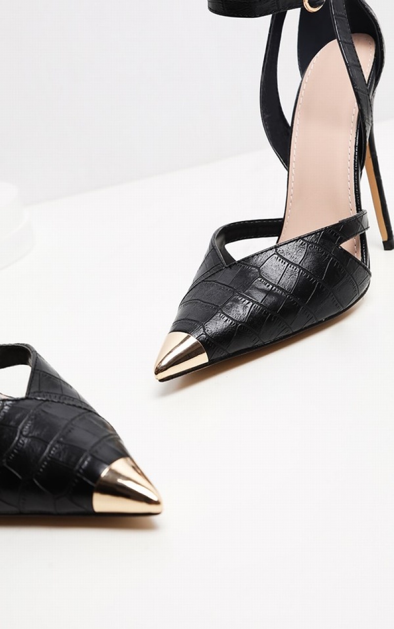 Black Pretty Little Thing Cut Out Metal Toe Court Shoe Heels | LDQTIVO-89