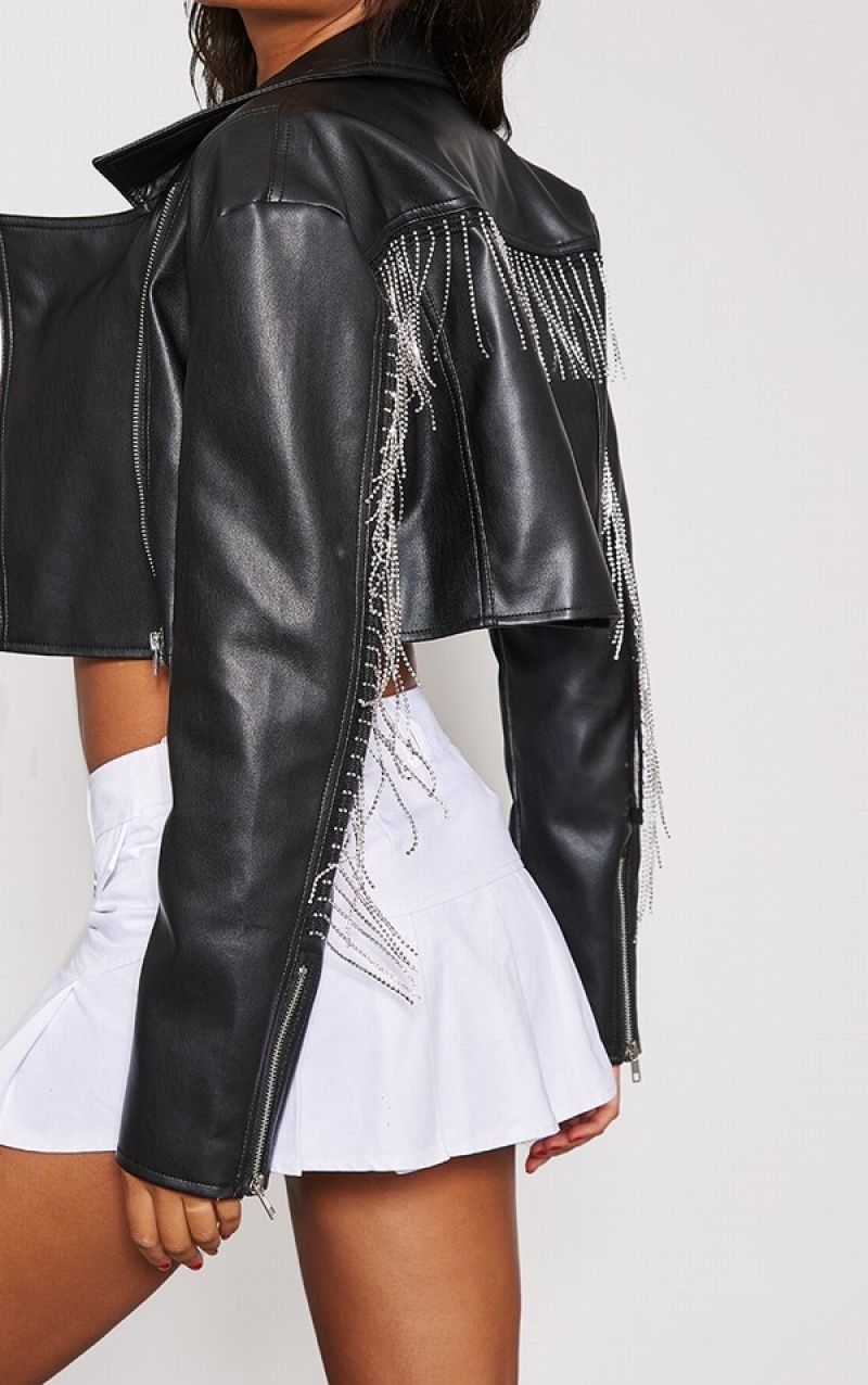 Black Pretty Little Thing Diamanté Tassel Faux Leather Cropped Biker Jackets | AWJGBUS-27