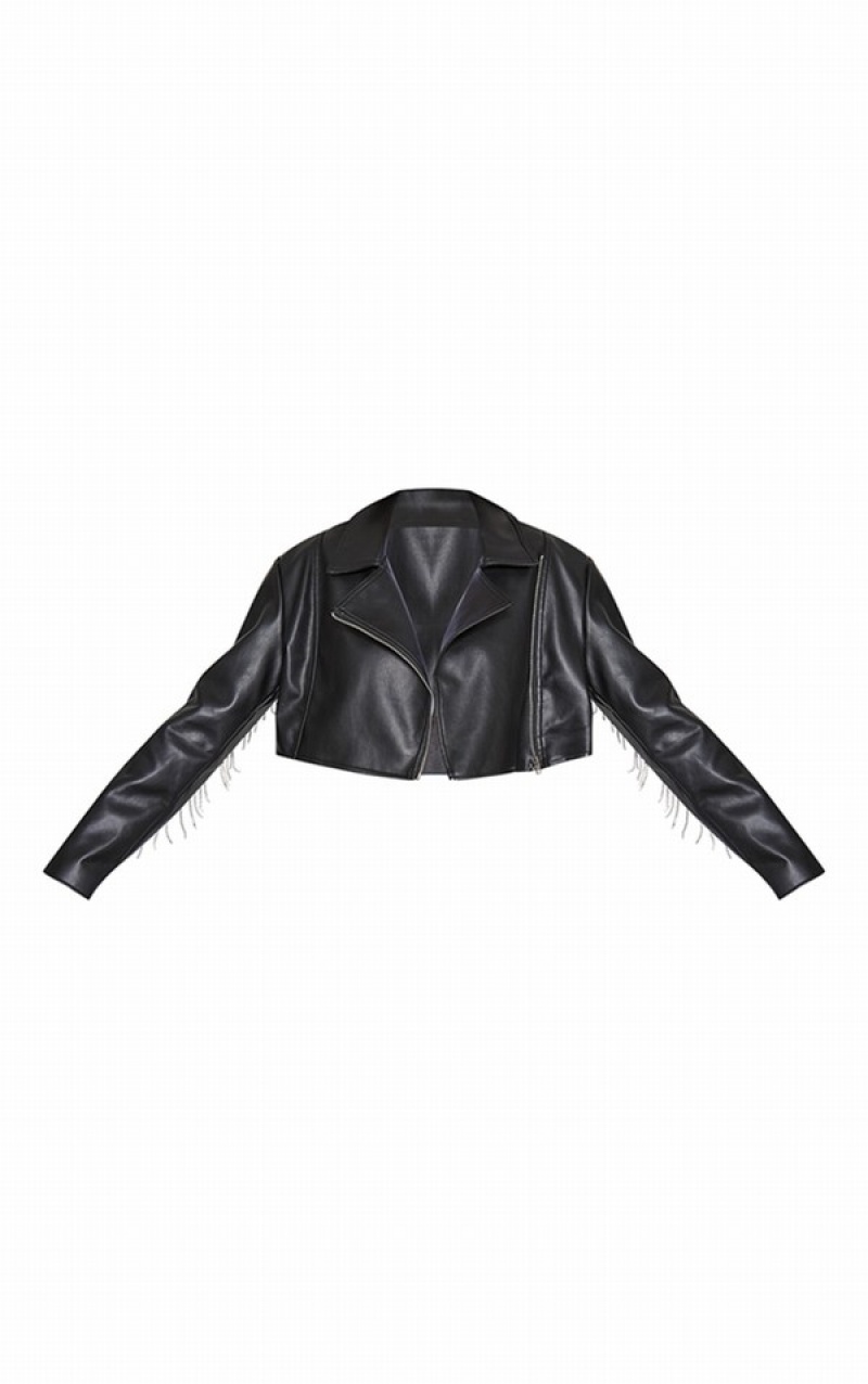 Black Pretty Little Thing Diamanté Tassel Faux Leather Cropped Biker Jackets | AWJGBUS-27