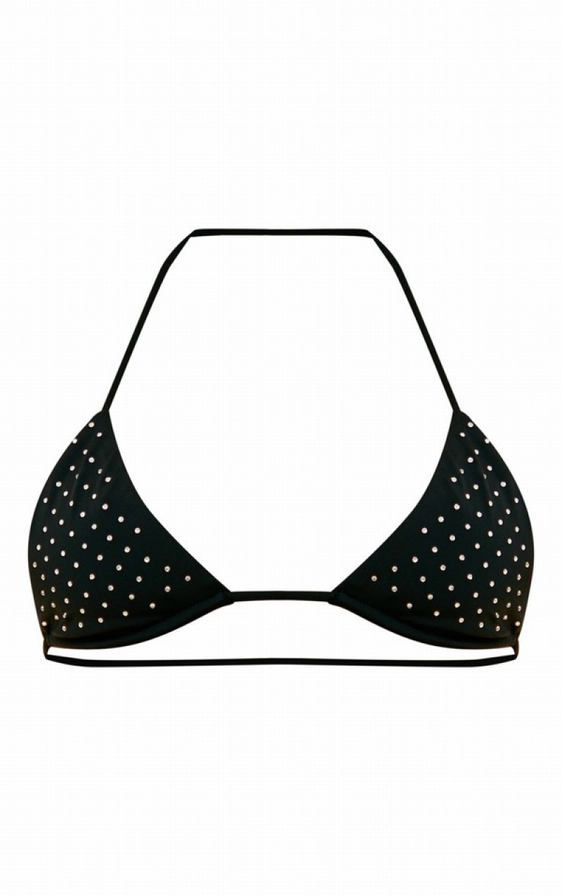 Black Pretty Little Thing Diamante Detail Triangle Bikini Tops | RUNFGYH-48