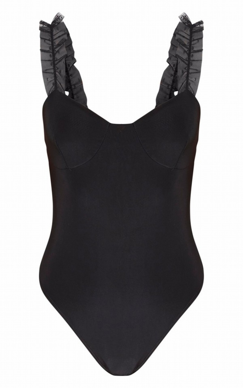 Black Pretty Little Thing Dobby Mesh Frill Strap Slinky Bodysuits | WFTVGRY-17