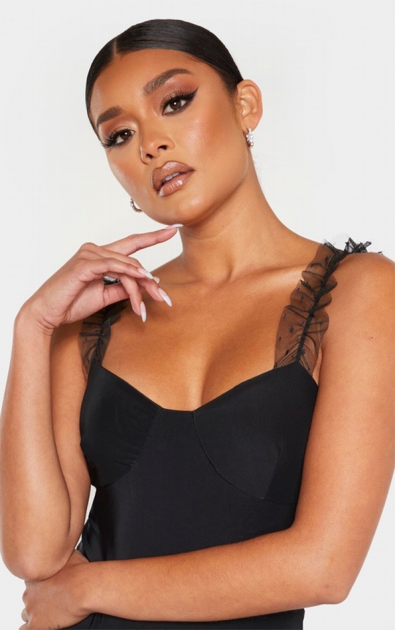 Black Pretty Little Thing Dobby Mesh Frill Strap Slinky Bodysuits | WFTVGRY-17