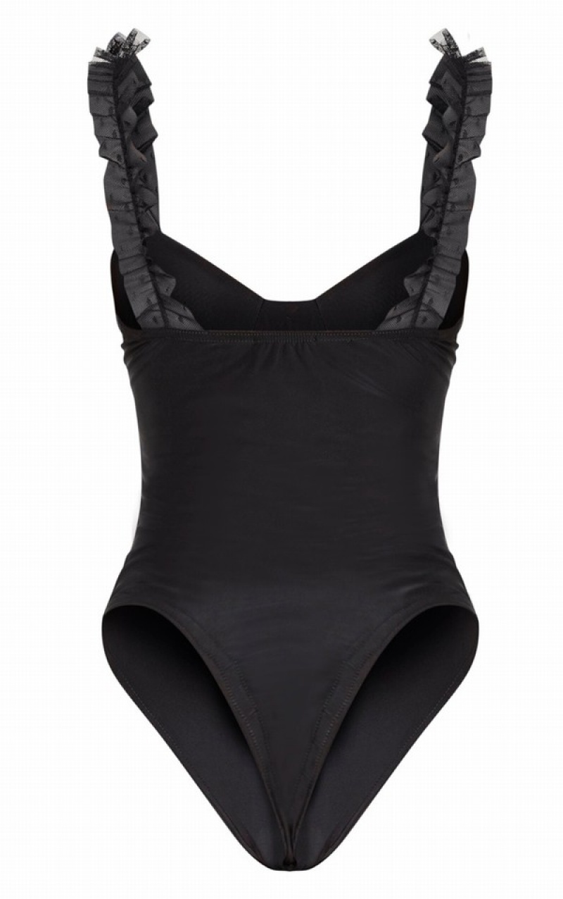 Black Pretty Little Thing Dobby Mesh Frill Strap Slinky Bodysuits | WFTVGRY-17