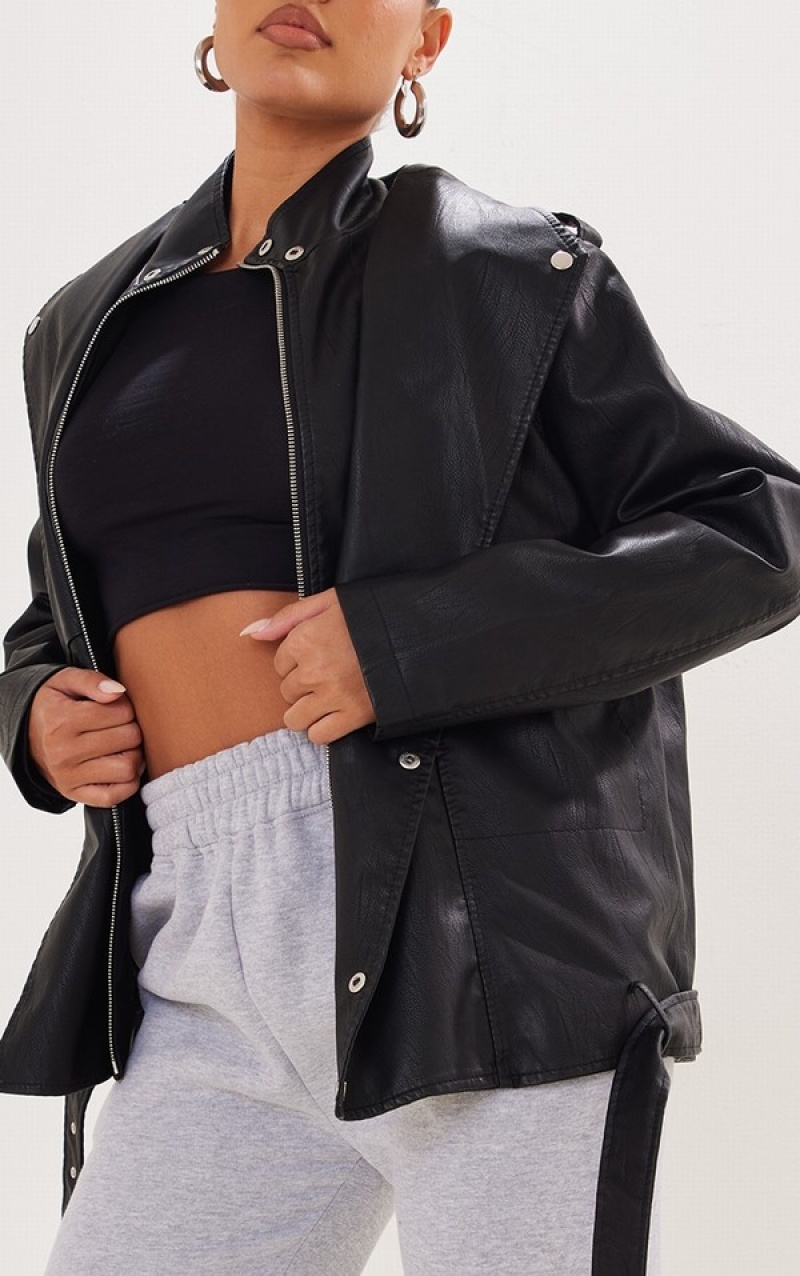 Black Pretty Little Thing Double Layer TextuFaux Leather Oversized Biker Jackets | XNWZYHQ-64