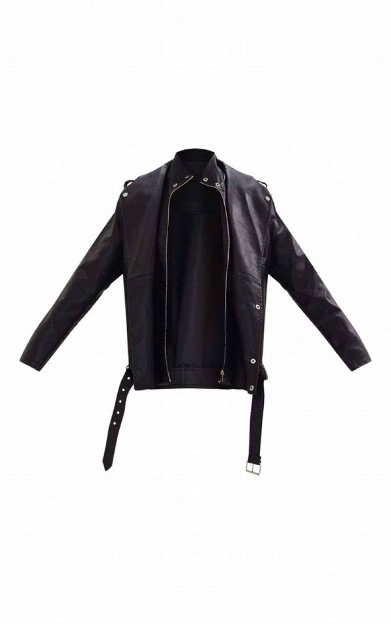 Black Pretty Little Thing Double Layer TextuFaux Leather Oversized Biker Jackets | XNWZYHQ-64