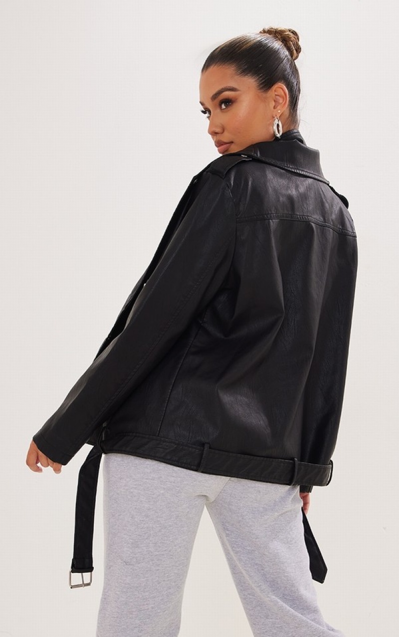 Black Pretty Little Thing Double Layer TextuFaux Leather Oversized Biker Jackets | XNWZYHQ-64