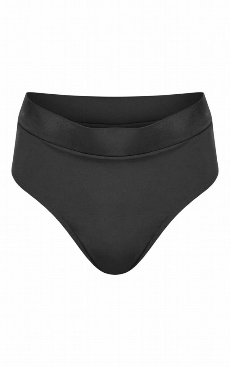 Black Pretty Little Thing Elasticated Waist High Leg Bikini Bottoms | HQVBJNW-32