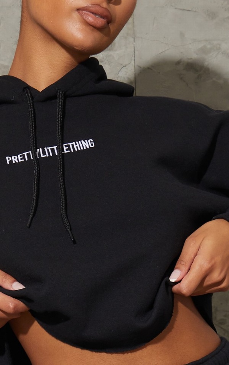 Black Pretty Little Thing EmbroideCropped Graphic Hoodie | TKJOVPX-96