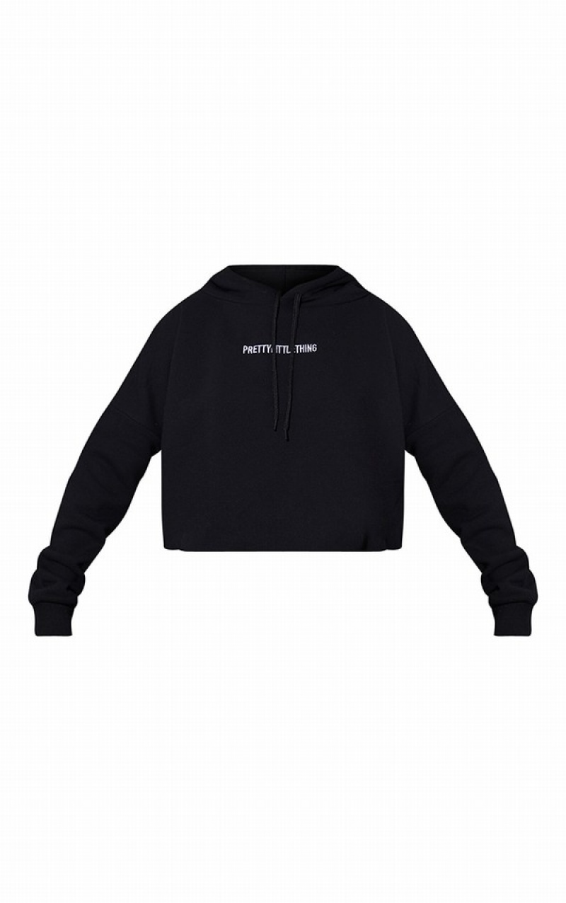 Black Pretty Little Thing EmbroideCropped Graphic Hoodie | TKJOVPX-96