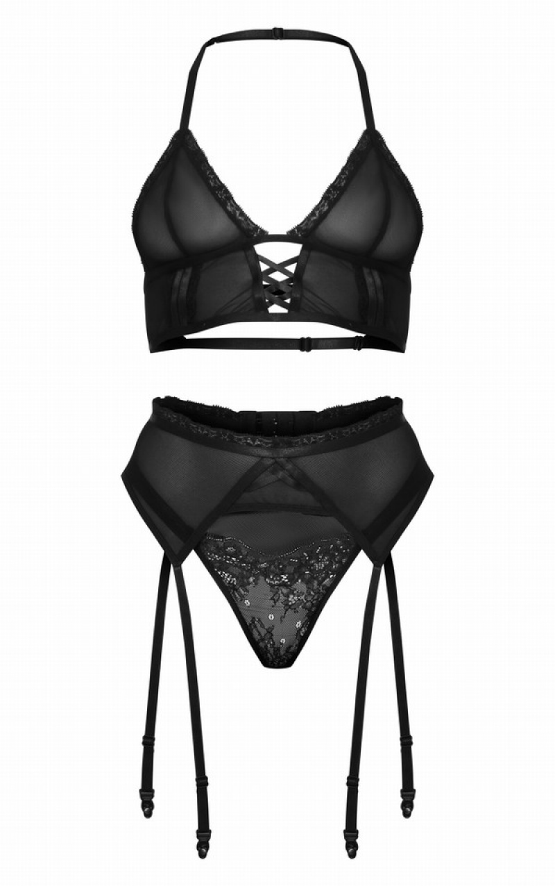 Black Pretty Little Thing EmbroideTrim Lace 3 Piece Lingerie | IMDSLOG-47