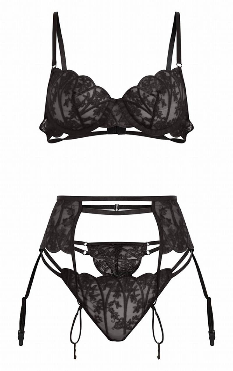 Black Pretty Little Thing EmbroideUnderwiMesh 3 Piece Lingerie | NYZUJHV-02