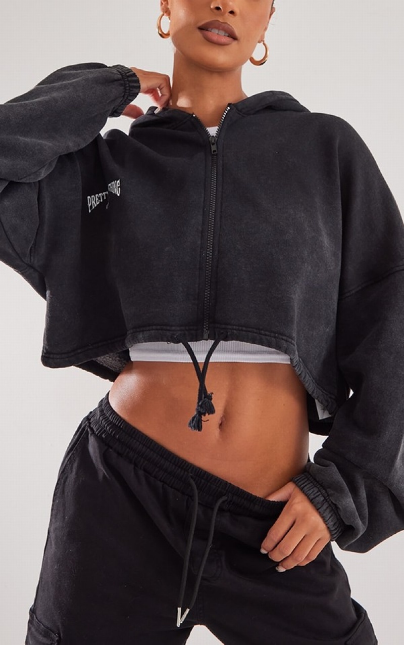 Black Pretty Little Thing EmbroideWashed Tie Crop Hoodie | GKEZXUI-23