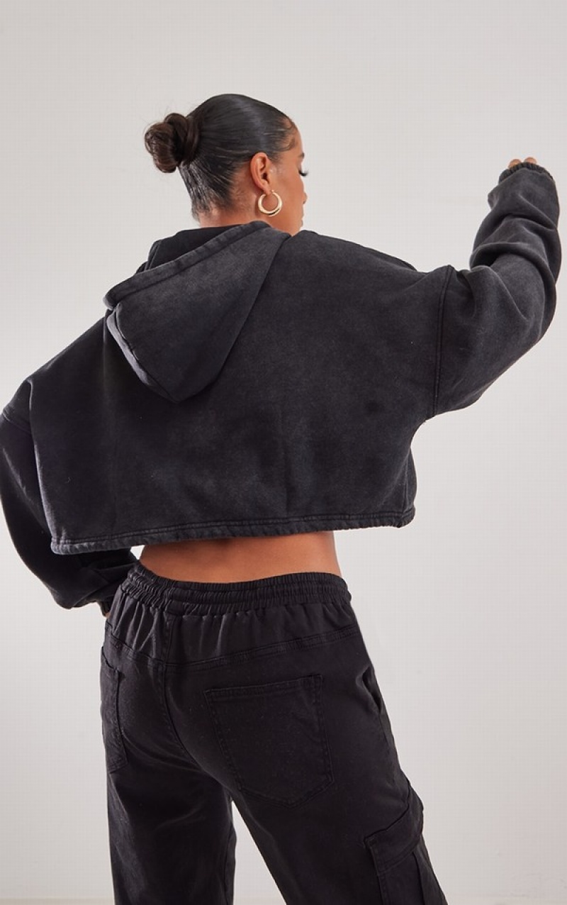 Black Pretty Little Thing EmbroideWashed Tie Crop Hoodie | GKEZXUI-23