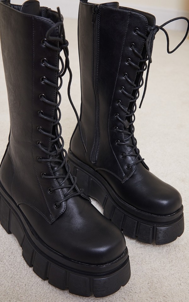 Black Pretty Little Thing Extremeform Sole Calf High Biker Boots | AKHTRPM-73