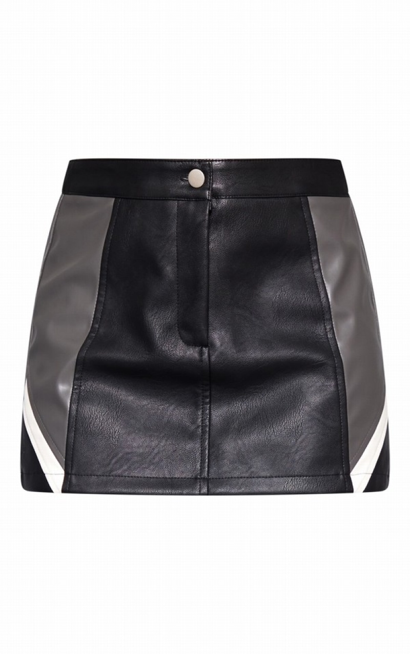 Black Pretty Little Thing Faux Leather Contrast Panel Skirts | MOUBNSX-06