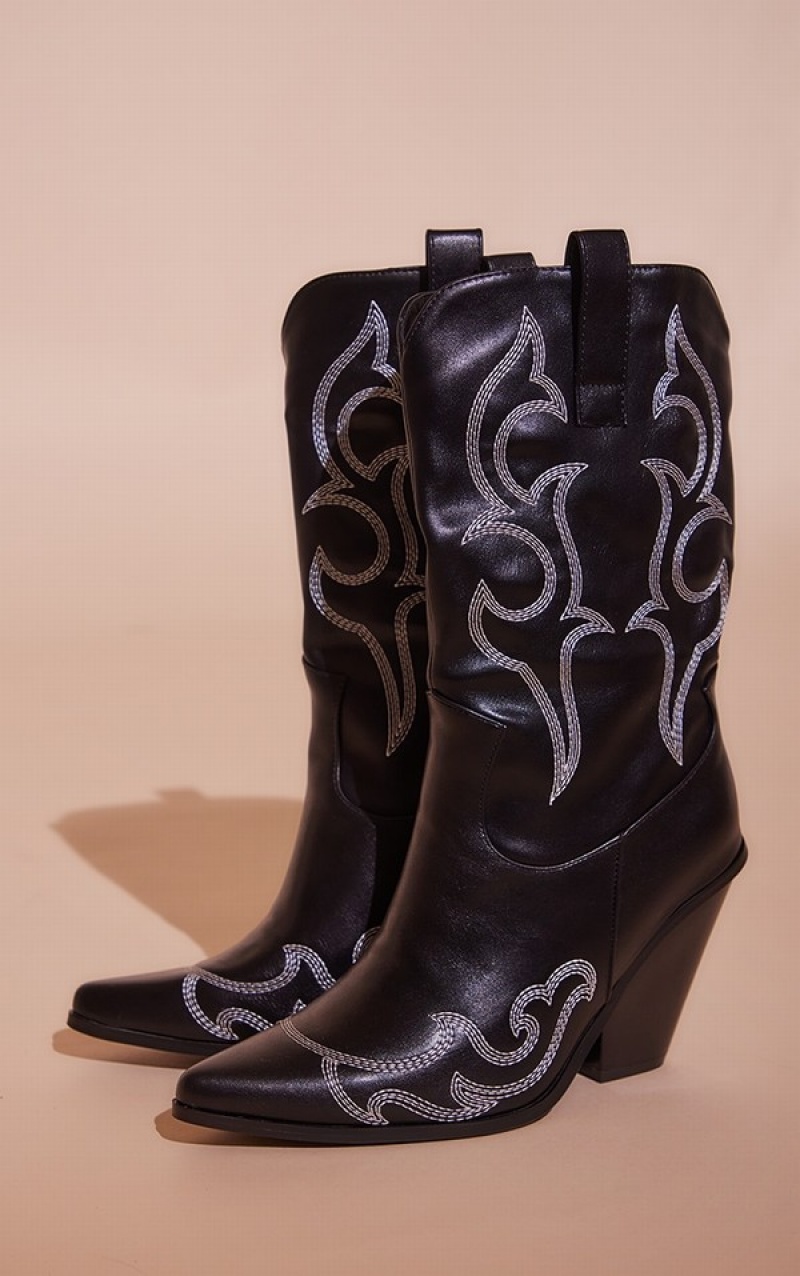 Black Pretty Little Thing Faux Leather Contrast Stitch Detail Western Boots | UQBFCWL-58