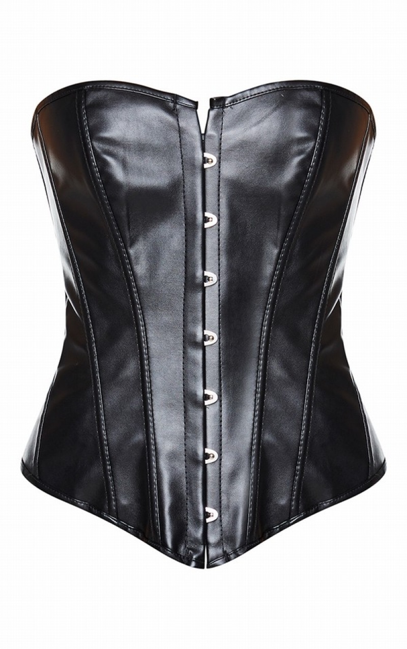 Black Pretty Little Thing Faux Leather Front Hook Eye Corset Lingerie | LCAGWJZ-45