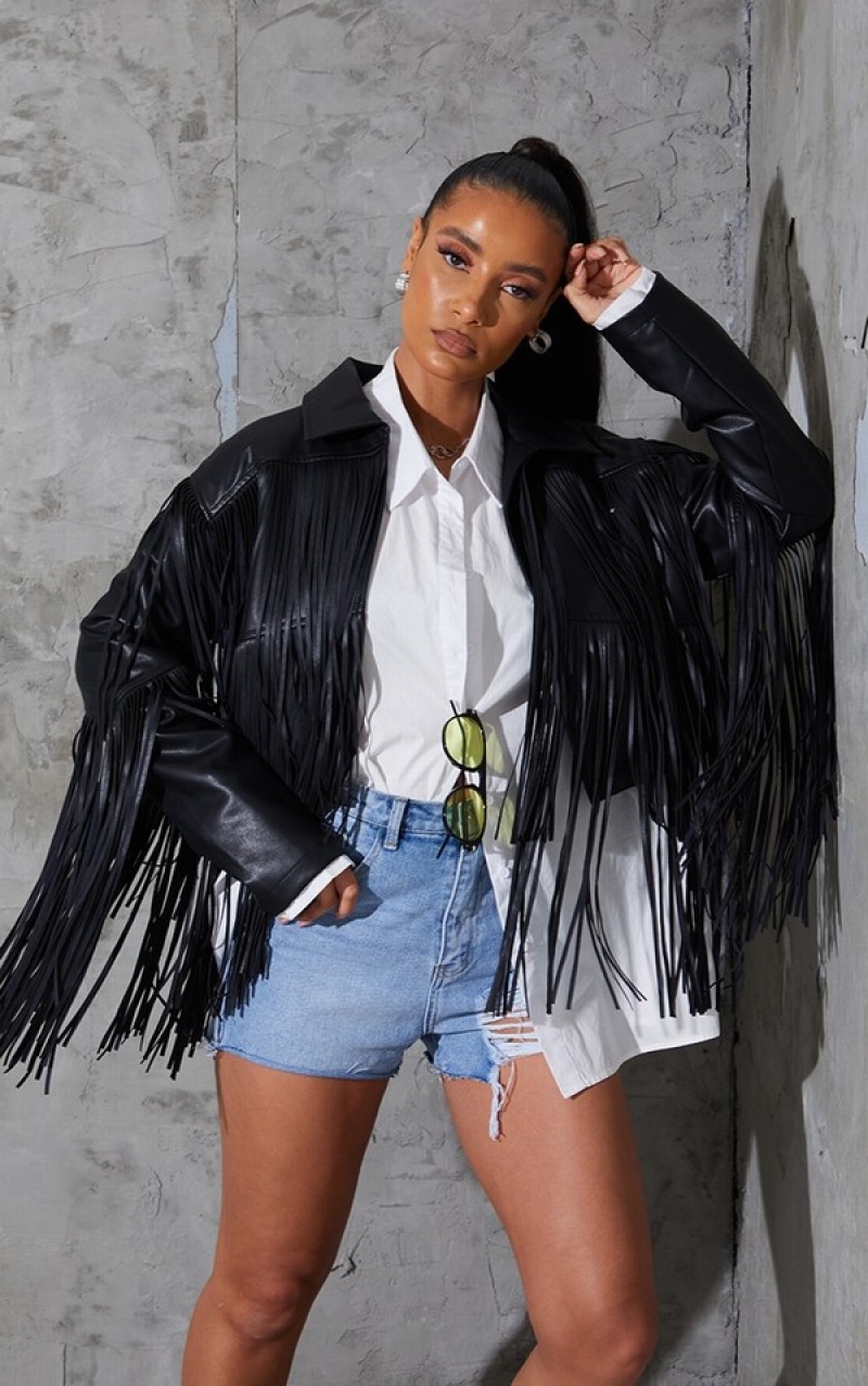 Black Pretty Little Thing Faux Leather Fringe Cropped Jackets | LUXMQAI-27