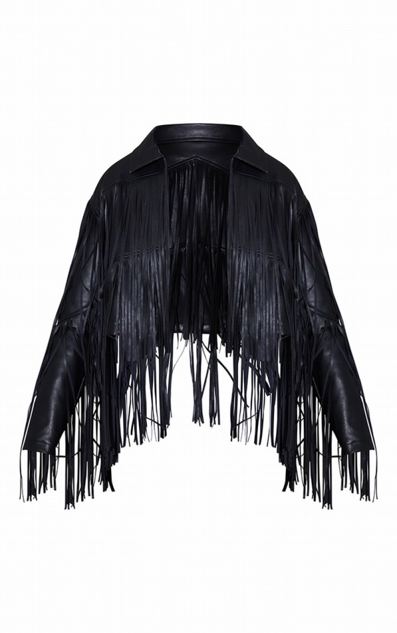 Black Pretty Little Thing Faux Leather Fringe Cropped Jackets | LUXMQAI-27