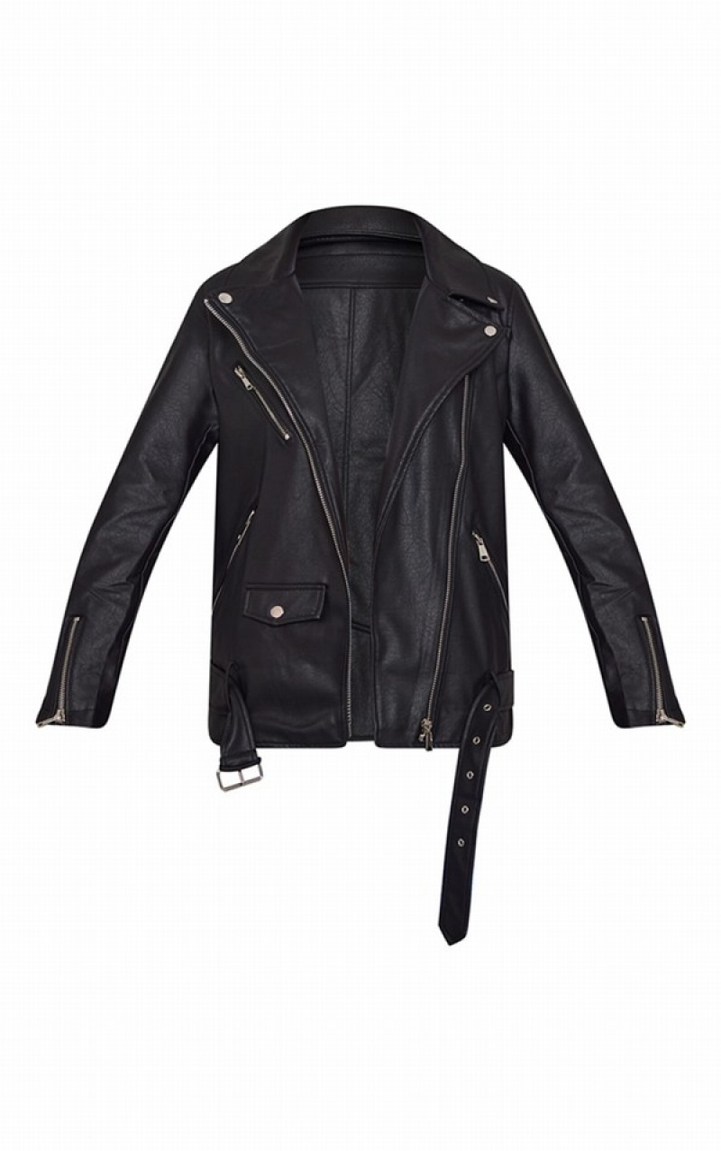 Black Pretty Little Thing Faux Leather Longline ed Biker Jackets | AQJYICH-97