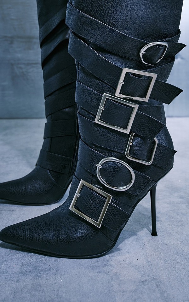 Black Pretty Little Thing Faux Leather Pointed Toe Multi Buckle Detail Knee Boots | IZNLCBT-25