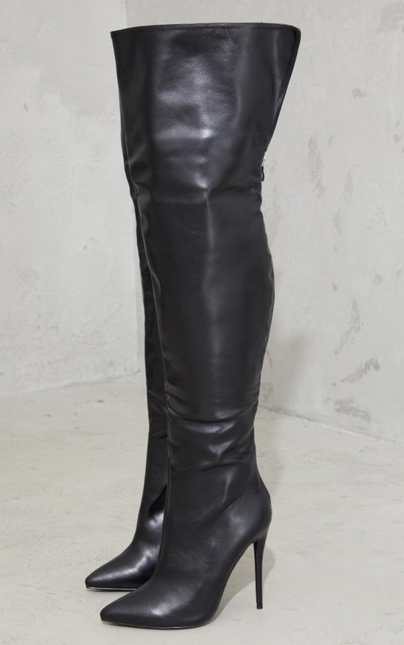 Black Pretty Little Thing Faux Leather Pointed High Over The Knee Boots | IKZSLXH-58