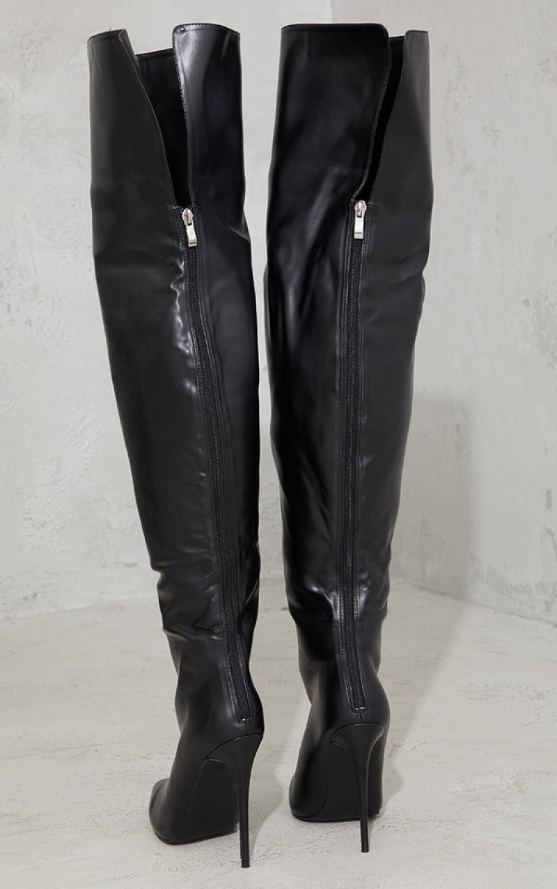 Black Pretty Little Thing Faux Leather Pointed High Over The Knee Boots | IKZSLXH-58