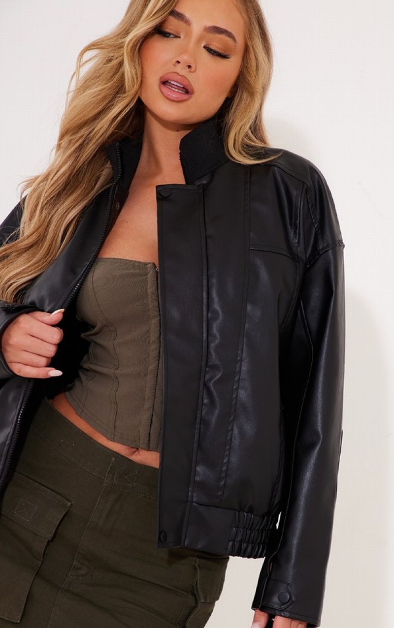 Black Pretty Little Thing Faux Leather Seam Detail Bomber Jackets | DZQSGHA-98