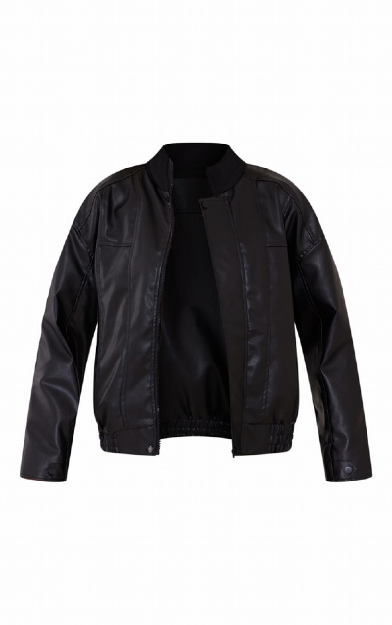 Black Pretty Little Thing Faux Leather Seam Detail Bomber Jackets | DZQSGHA-98