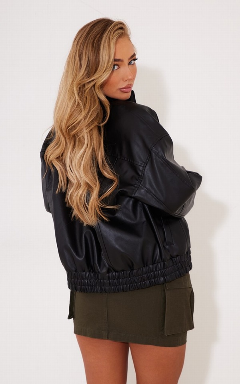 Black Pretty Little Thing Faux Leather Seam Detail Bomber Jackets | DZQSGHA-98