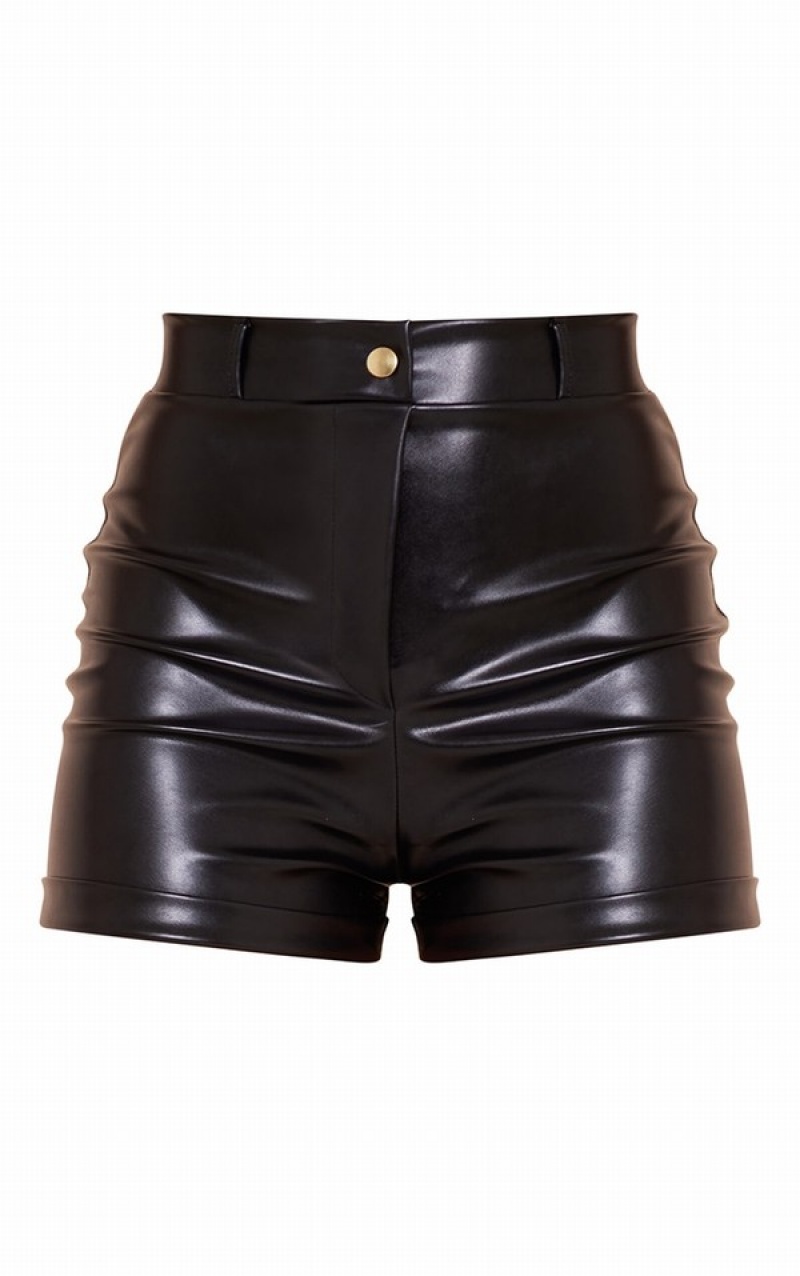 Black Pretty Little Thing Faux Leather Turn Up Hem Hot Shorts | UIPRJXD-65